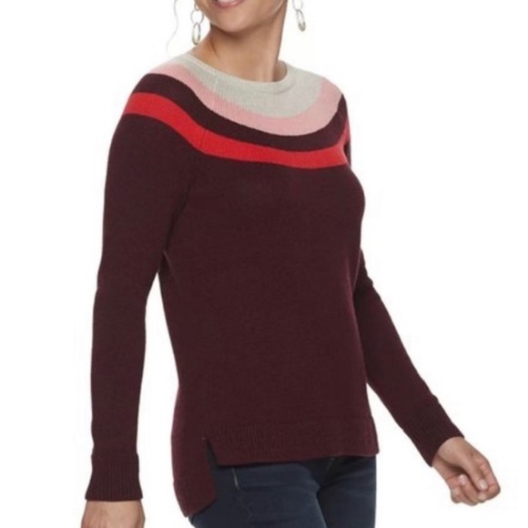 Sonoma Women’s Striped Burgundy Colorblock Rainbow Yoke Sweater Size Small - Picture 1 of 7